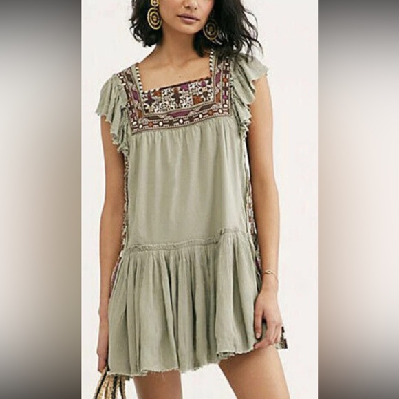 Free People Day Glow Embroidered Mini Dress Sz L Cottagecore Hippie Aztec Boho - Picture 2 of 13
